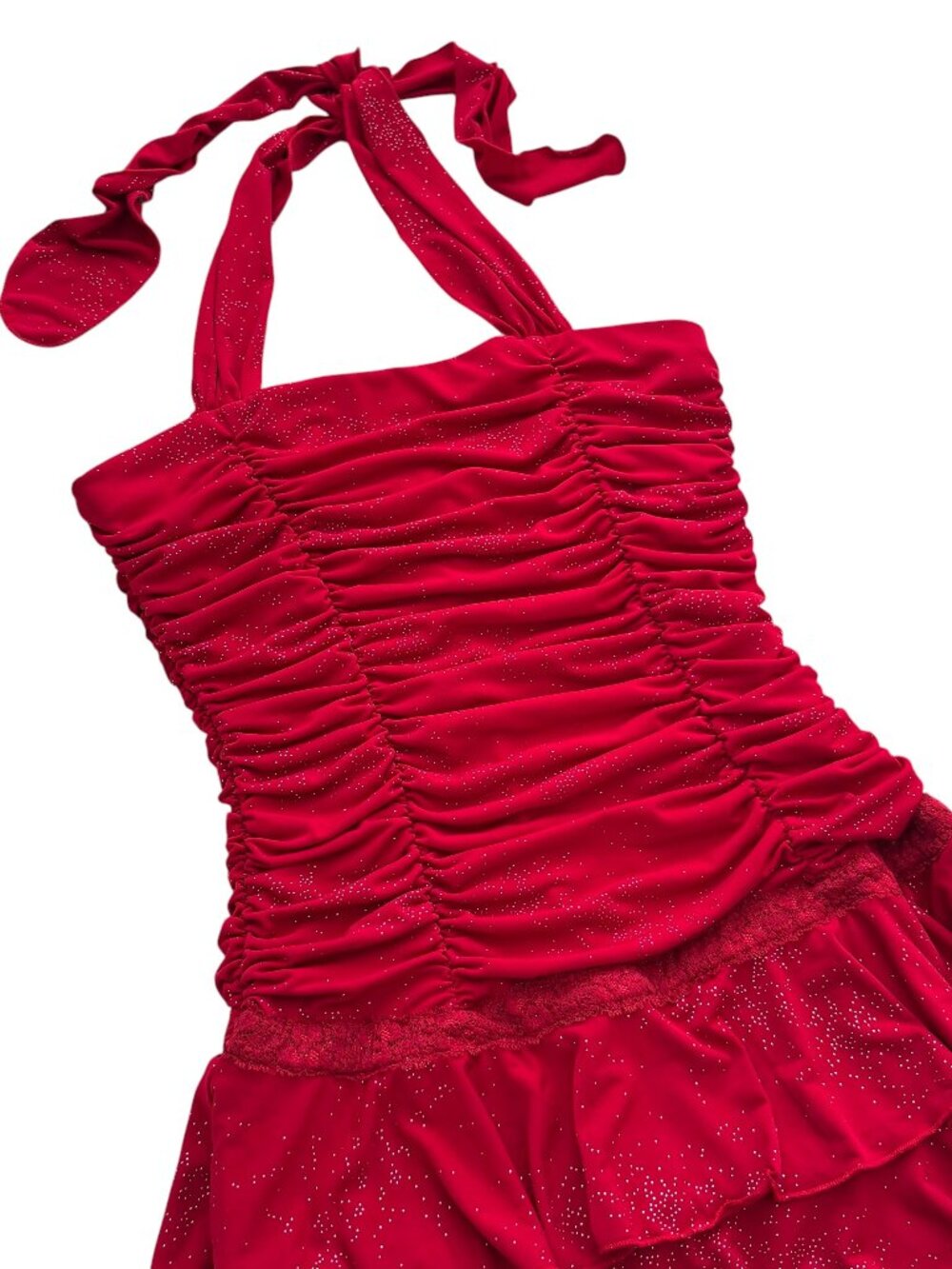 Vintage Y2K Halter Mini Dress L Red Sparkle Ruched Ruffle Hem Grunge Emo Fairy
